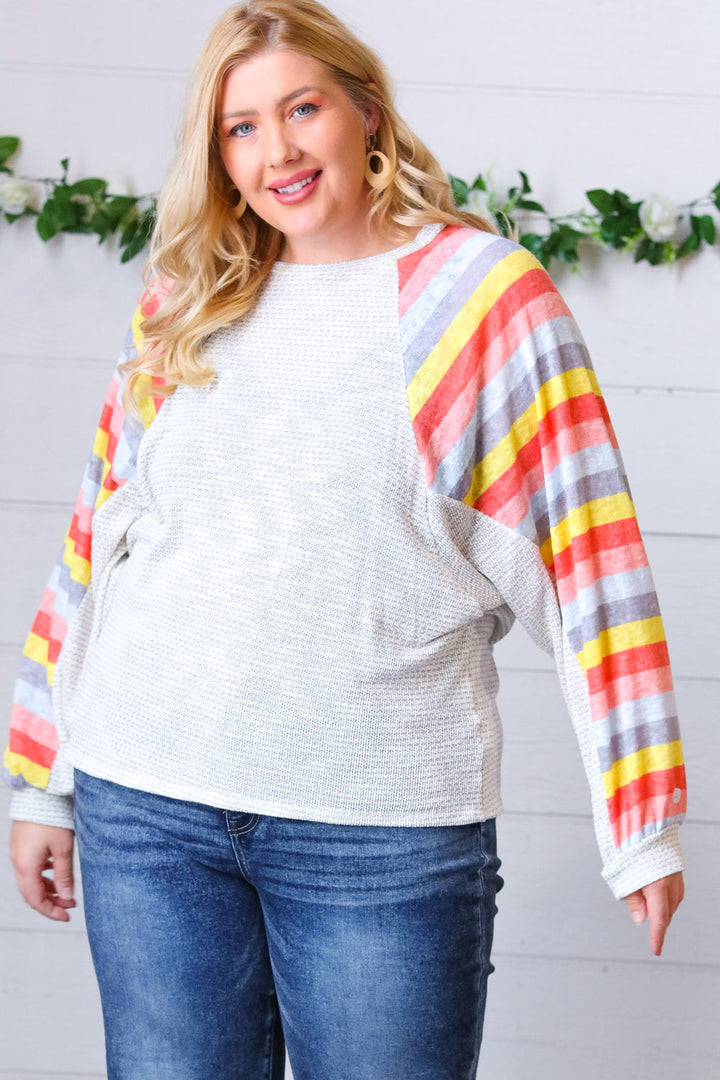 Grey Two Tone Multi Color Stripe Raglan Top