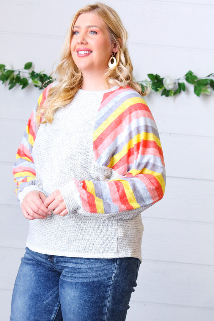 Grey Two Tone Multi Color Stripe Raglan Top