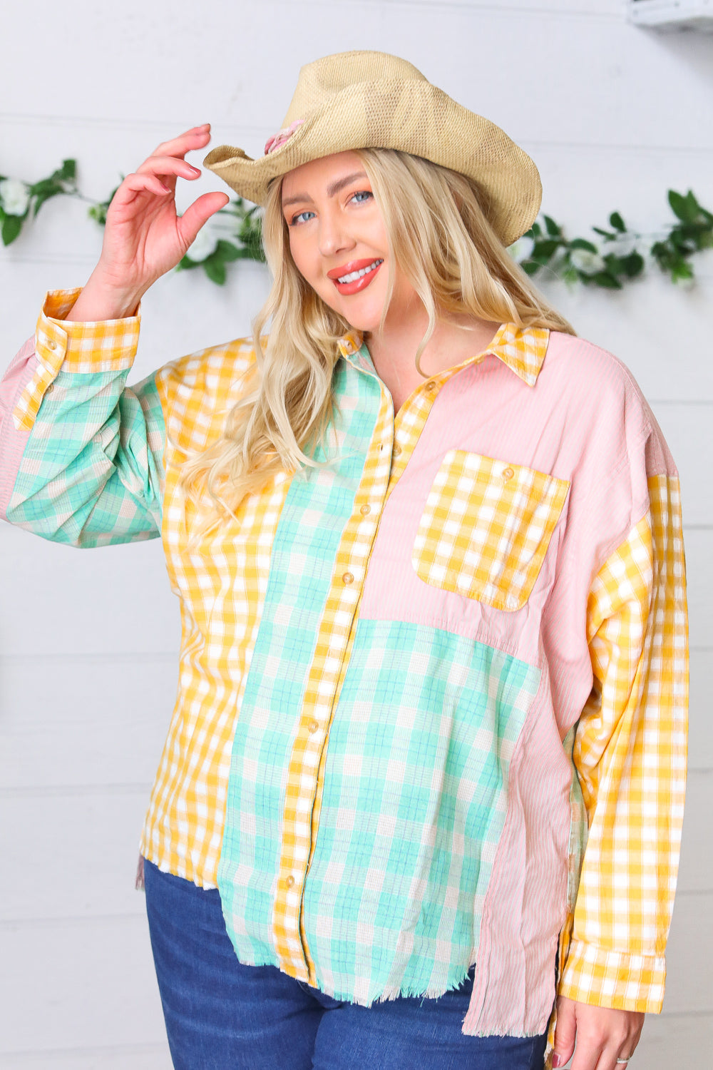Mint & Pink Cotton Plaid Check Baby Doll Raglan Shirt