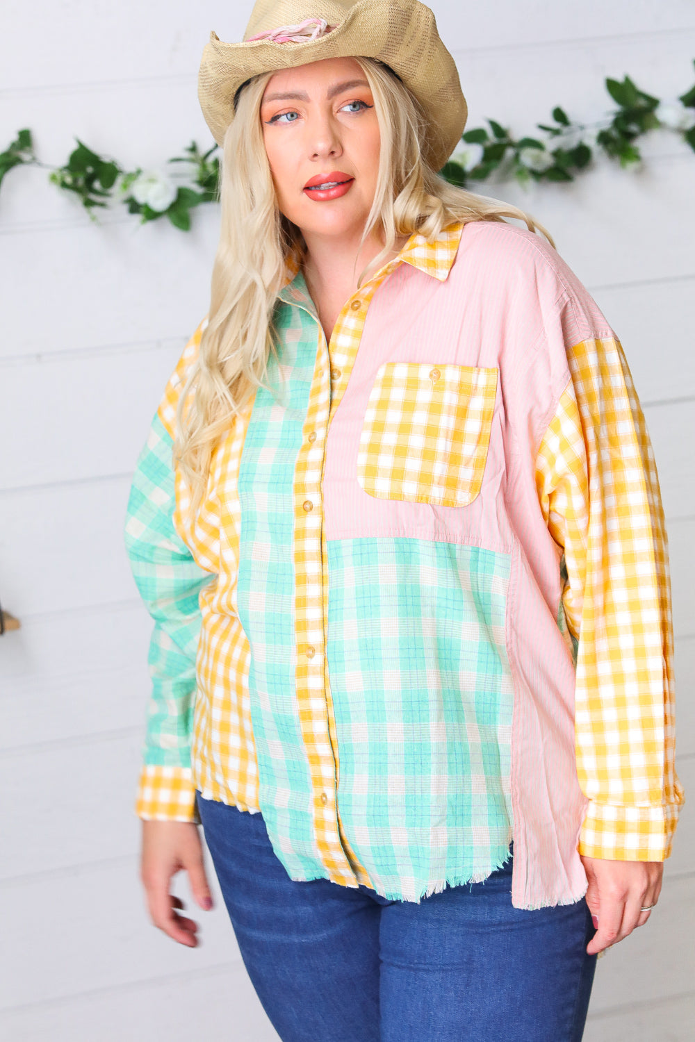 Mint & Pink Cotton Plaid Check Baby Doll Raglan Shirt