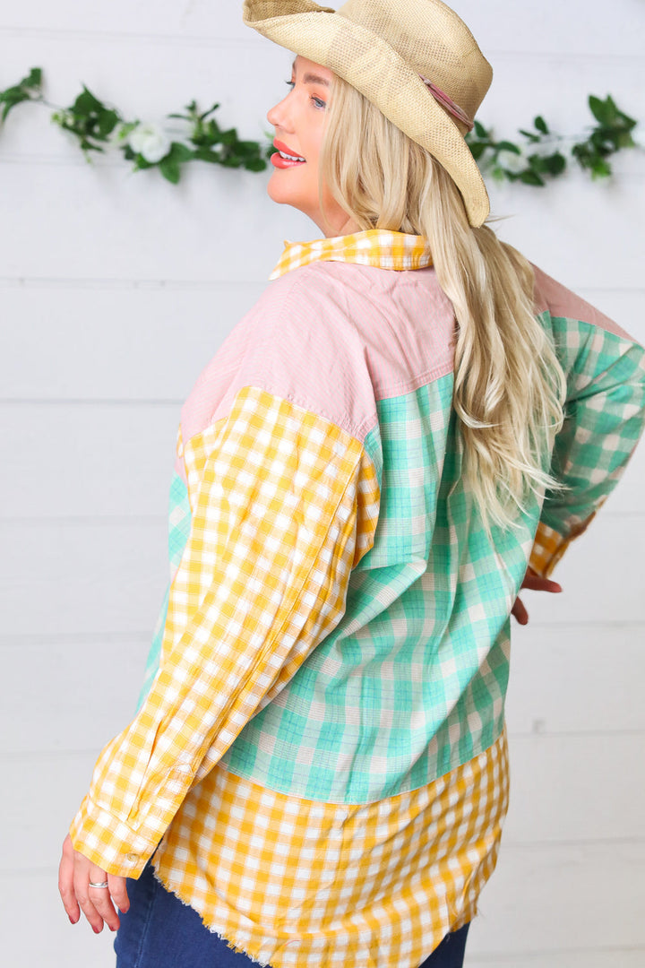 Mint & Pink Cotton Plaid Check Baby Doll Raglan Shirt