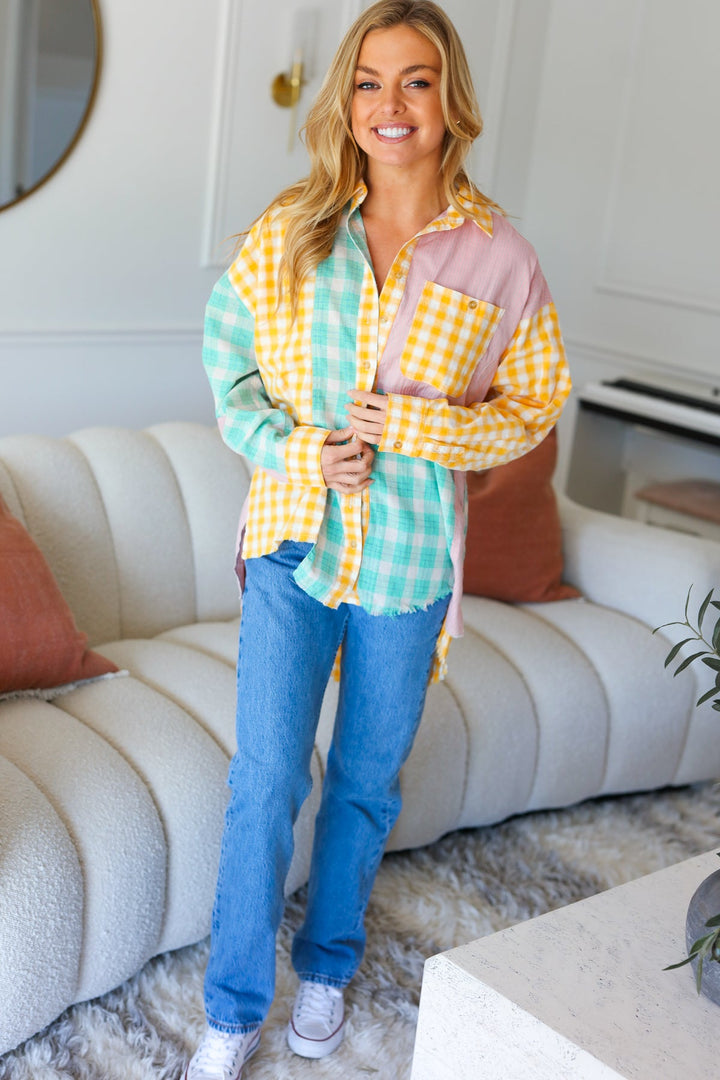 You've Got This Mint & Yellow Cotton Plaid Hi-Lo Button Down Shirt