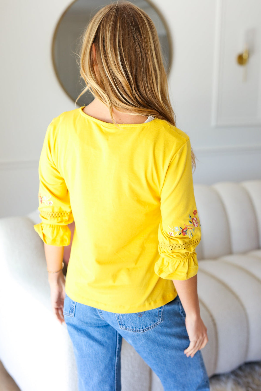 Keep You Close Yellow Floral Embroidery Square Neck Blouse