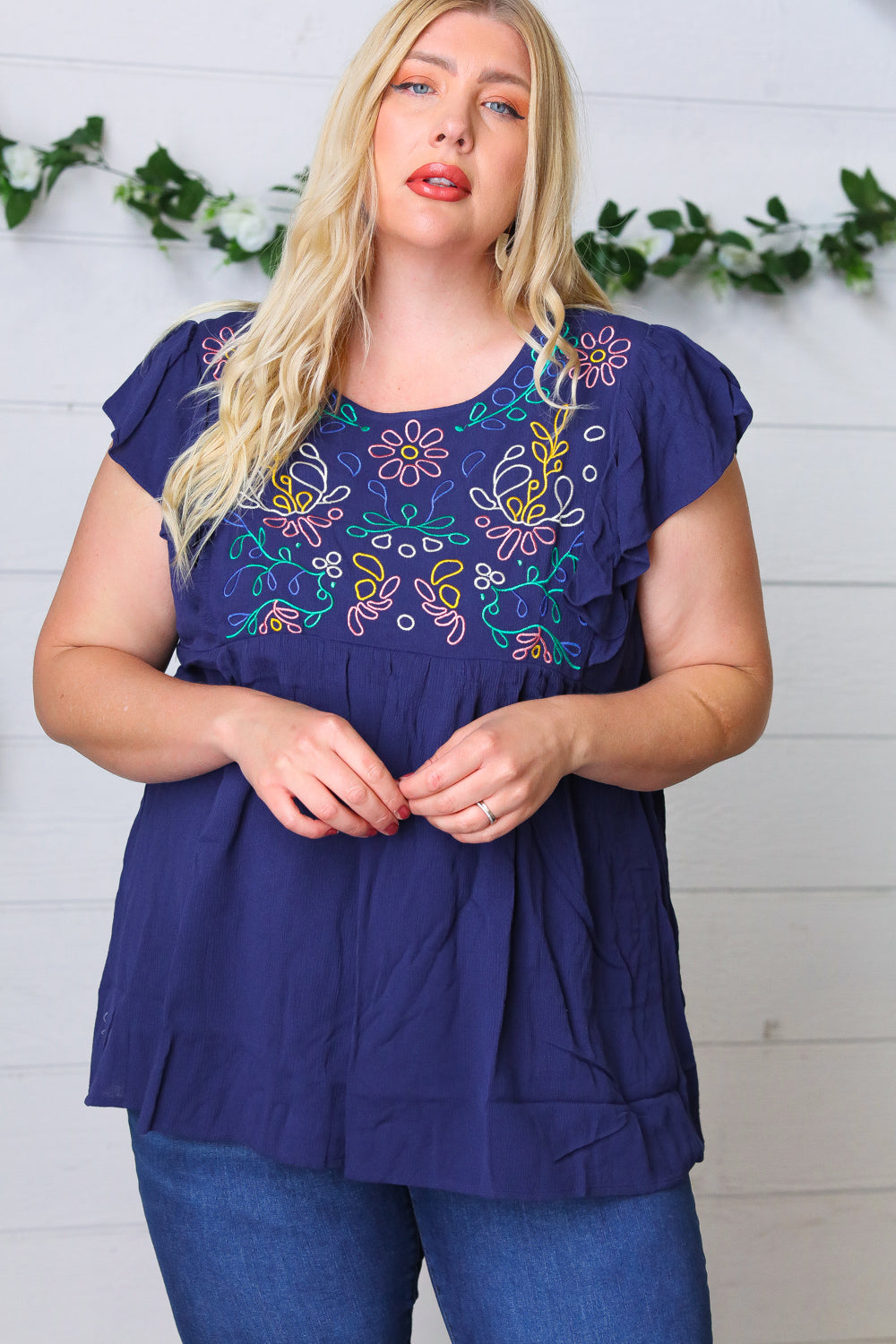 Navy Floral Embroidered Flutter Sleeve Top