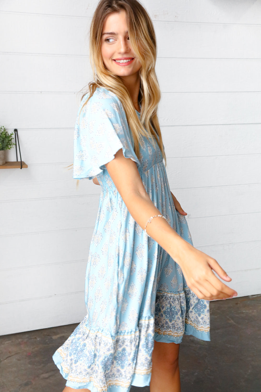 Light Blue Paisley Fit and Flare Smocked Midi Dress