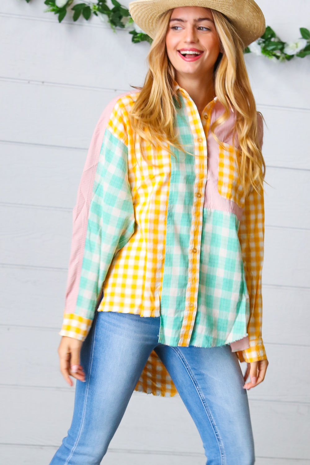 Mint & Pink Cotton Plaid Check Baby Doll Raglan Shirt