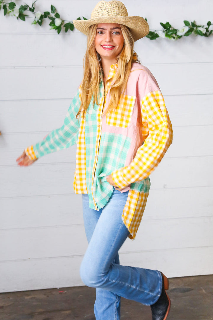 Mint & Pink Cotton Plaid Check Baby Doll Raglan Shirt