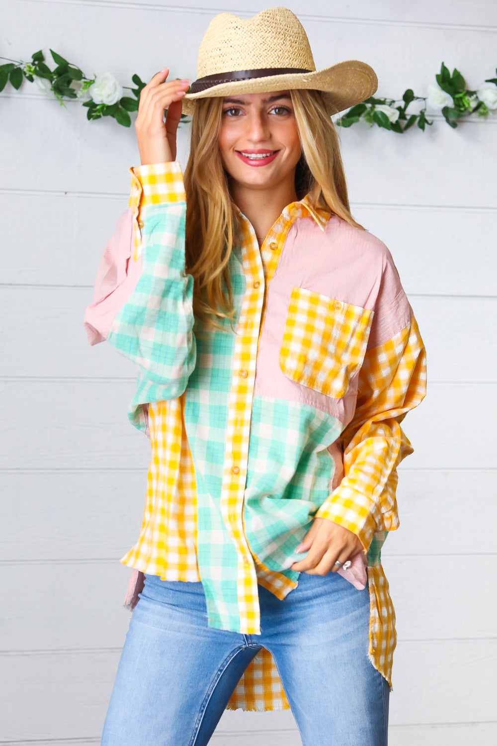 Mint & Pink Cotton Plaid Check Baby Doll Raglan Shirt