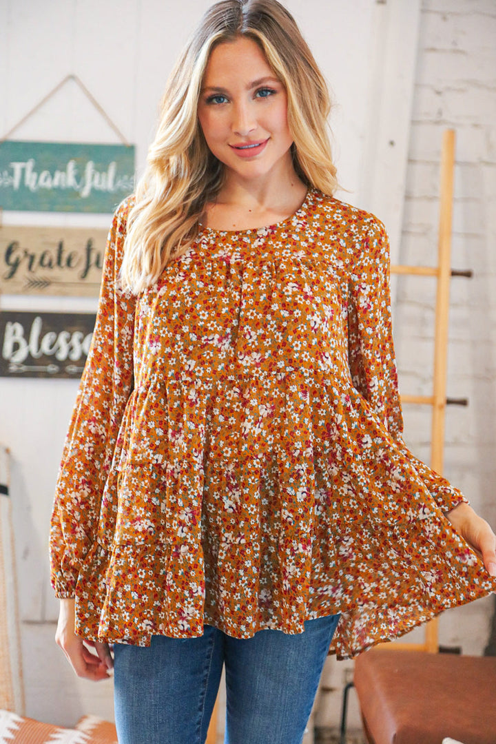 Cinnamon Floral Tiered Bubble Sleeve Keyhole Clasp Blouse