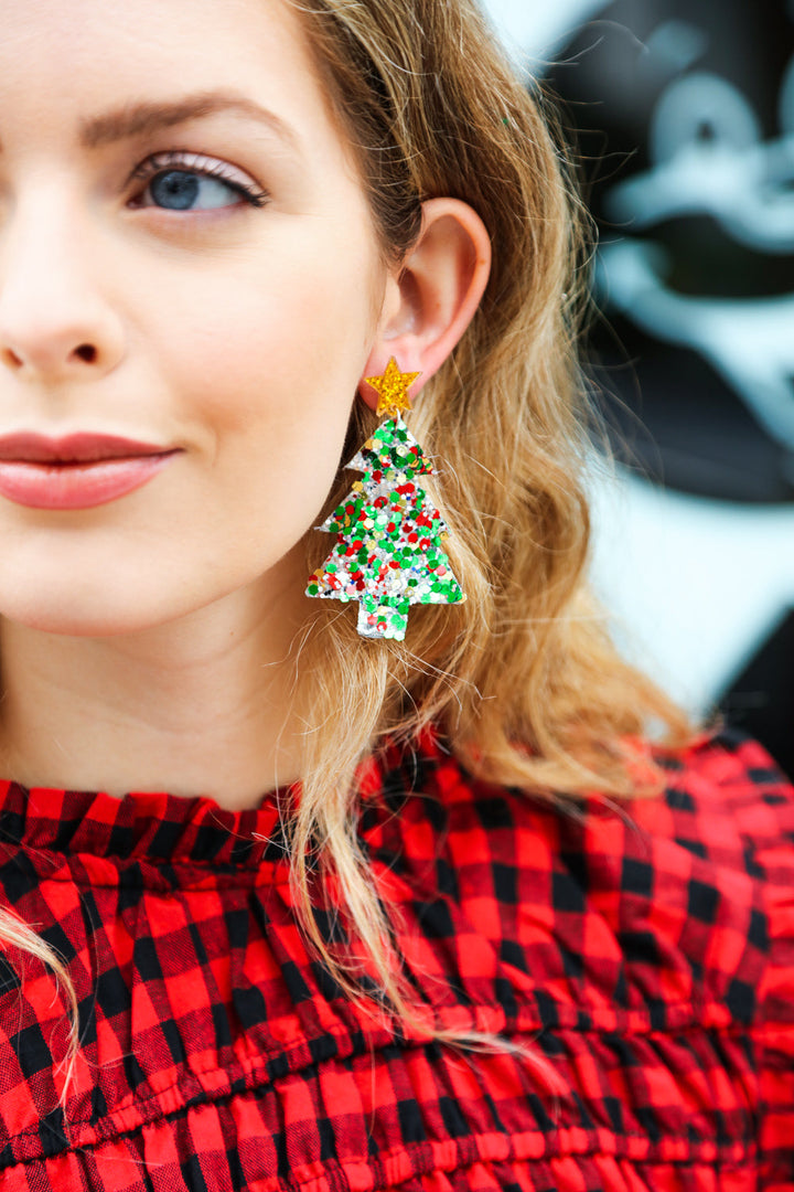 Multicolor Glitter Christmas Tree Dangle Earrings