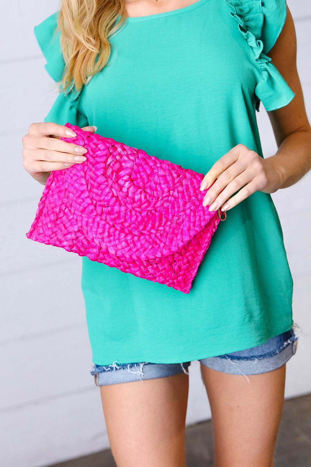 Hot Pink Woven Raffia Flap Closure Clutch Bag