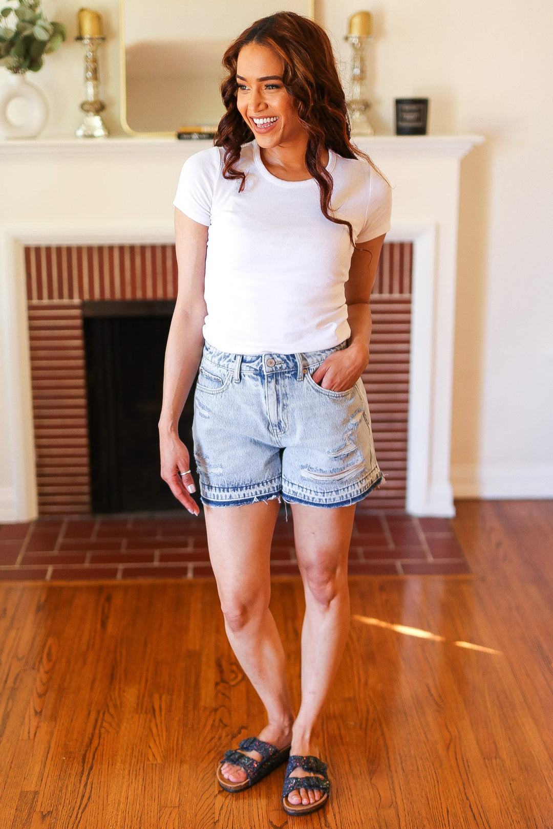 Light Wash High Rise Raw Hem Distressed Denim Shorts