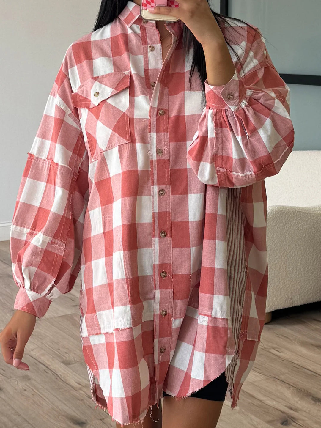 Plaid Collared Neck Long Sleeve Shirt Dress