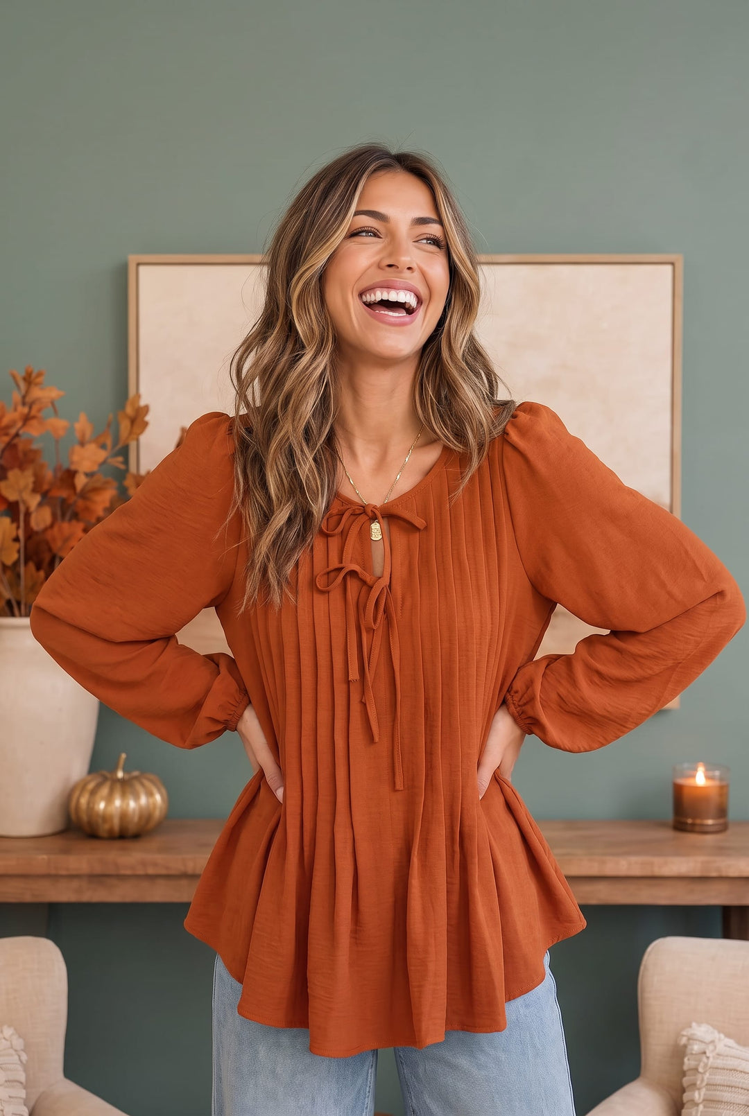 Sipping Apple Cider Tie Neck Blouse