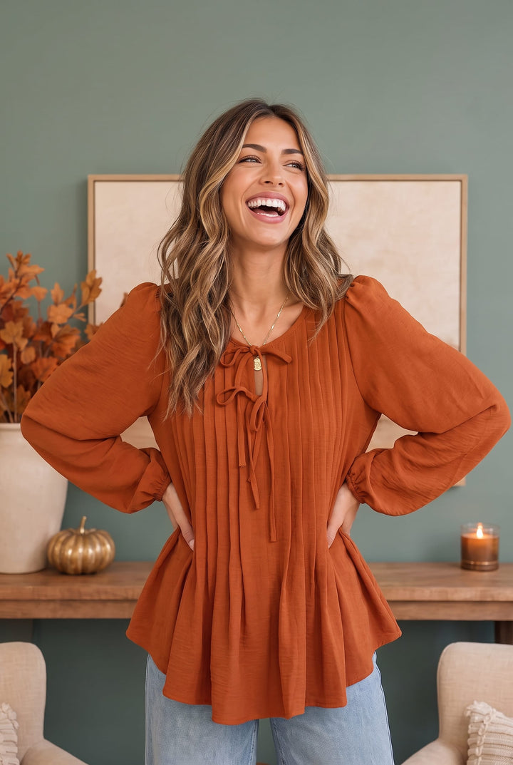 Sipping Apple Cider Tie Neck Blouse