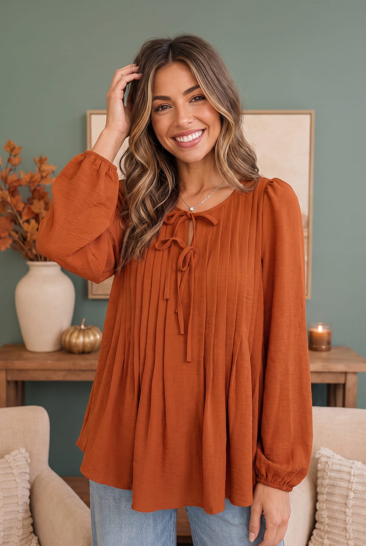 Sipping Apple Cider Tie Neck Blouse