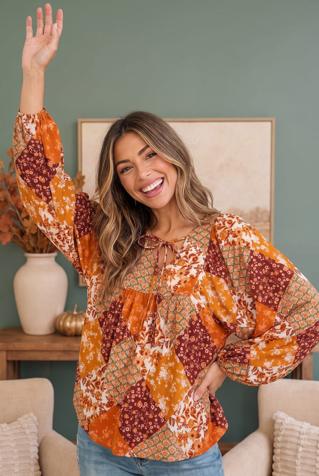 Autumn Patchwork Boho Blouse in Rust