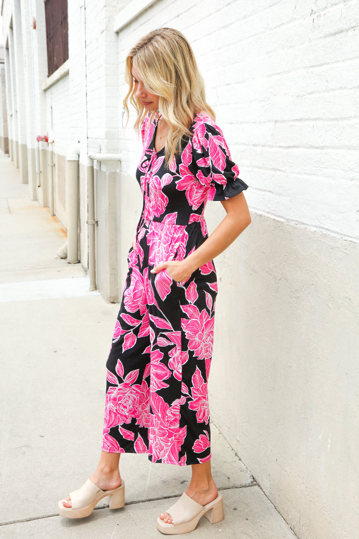 Spring Vibes Black Floral Print Ruffle Sleeve Wide Leg Jumpsuit