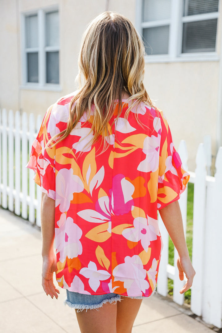 Tropical Vibes Peach Floral Dolman Ruffle Frill Sleeve Blouse