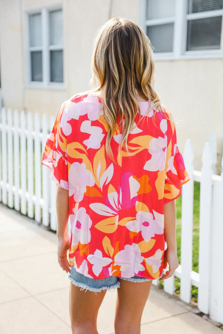 Tropical Vibes Peach Floral Dolman Ruffle Frill Sleeve Blouse