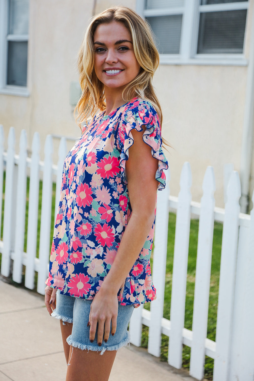 Vacay Ready Blue & Fuchsia Floral Smocked Ruffle Sleeve Top