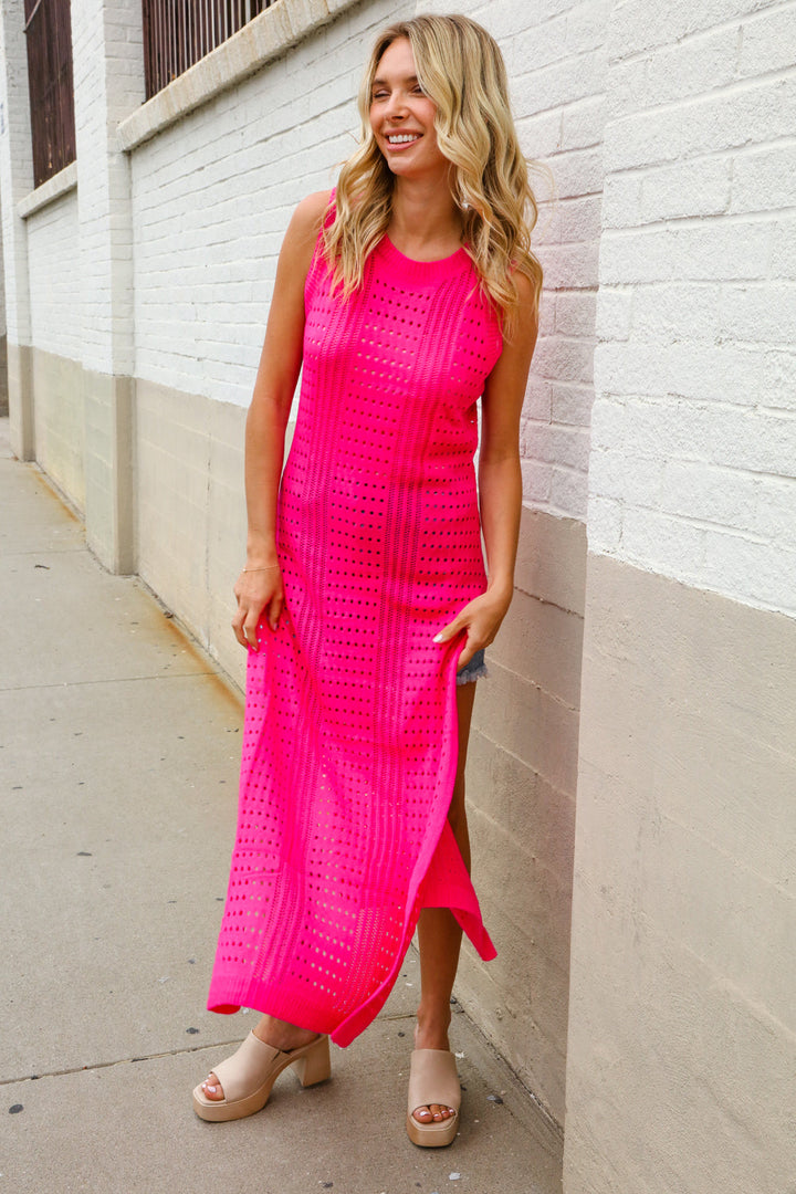 The Perfect Find Hot Pink Pointelle Sleeveless Side Slit Midi Coverup