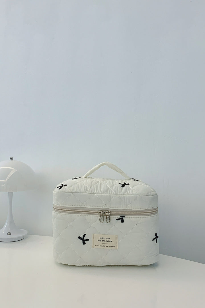 Bow Embroidered Quilted Storage Bag with Zip
