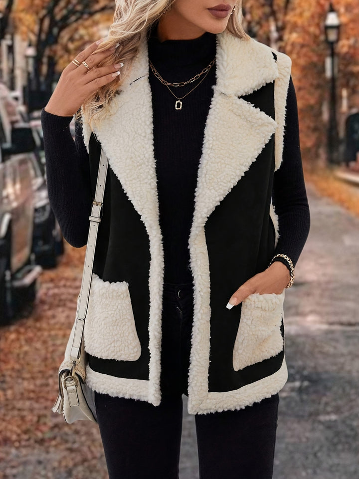 Full Size Contrast Open Front Sherpa Vest Coat