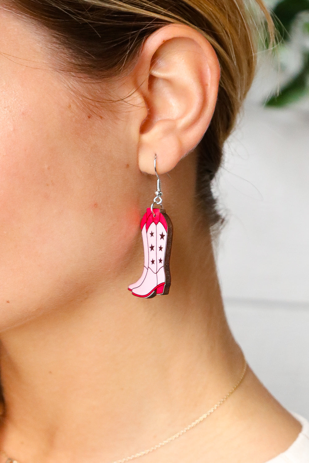 Pink Wooden Cowgirl Boot Dangle Earrings