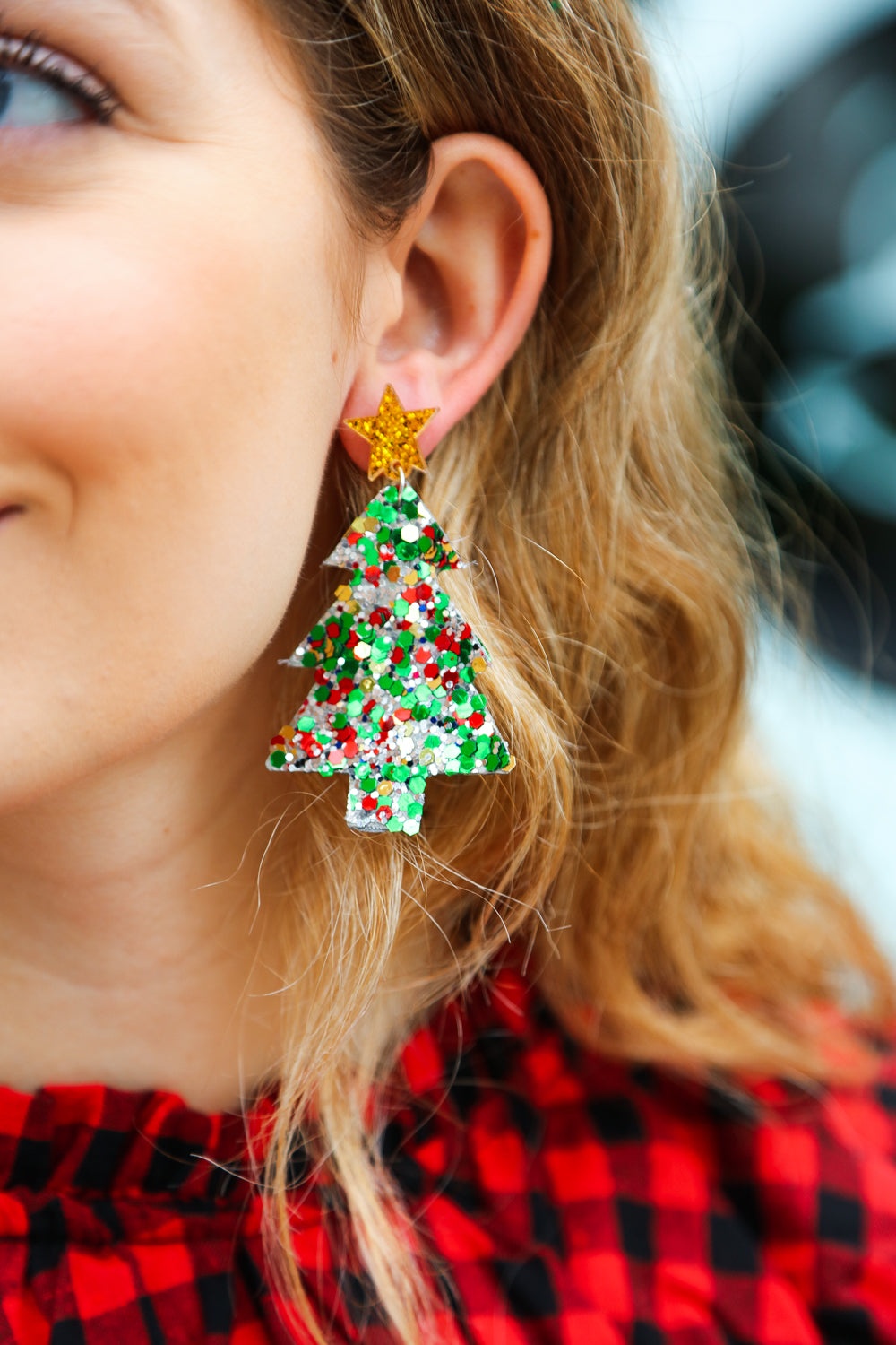 Multicolor Glitter Christmas Tree Dangle Earrings