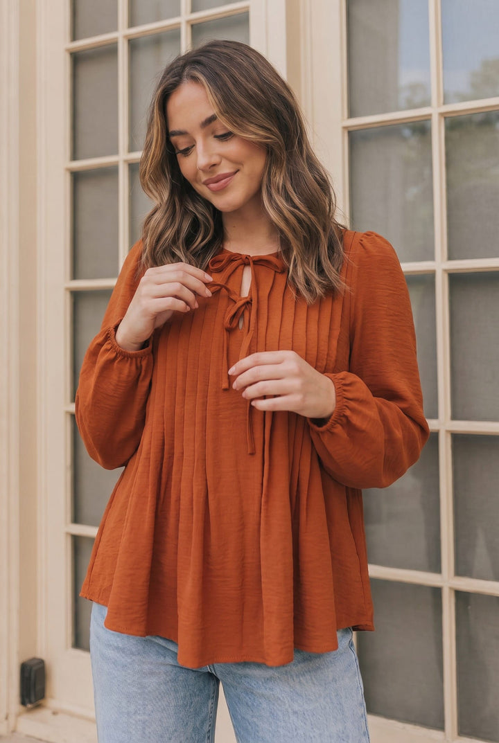 Sipping Apple Cider Tie Neck Blouse