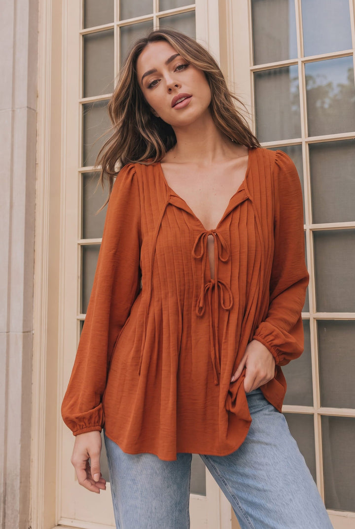 Sipping Apple Cider Tie Neck Blouse