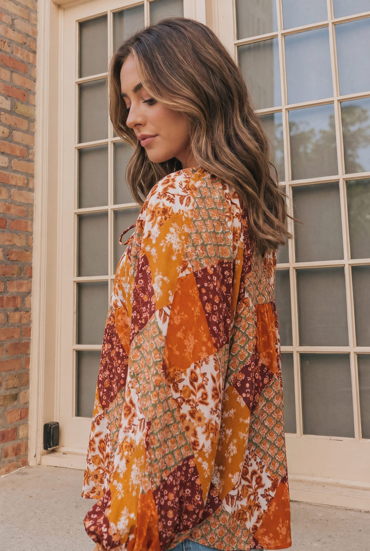 Autumn Patchwork Boho Blouse in Rust