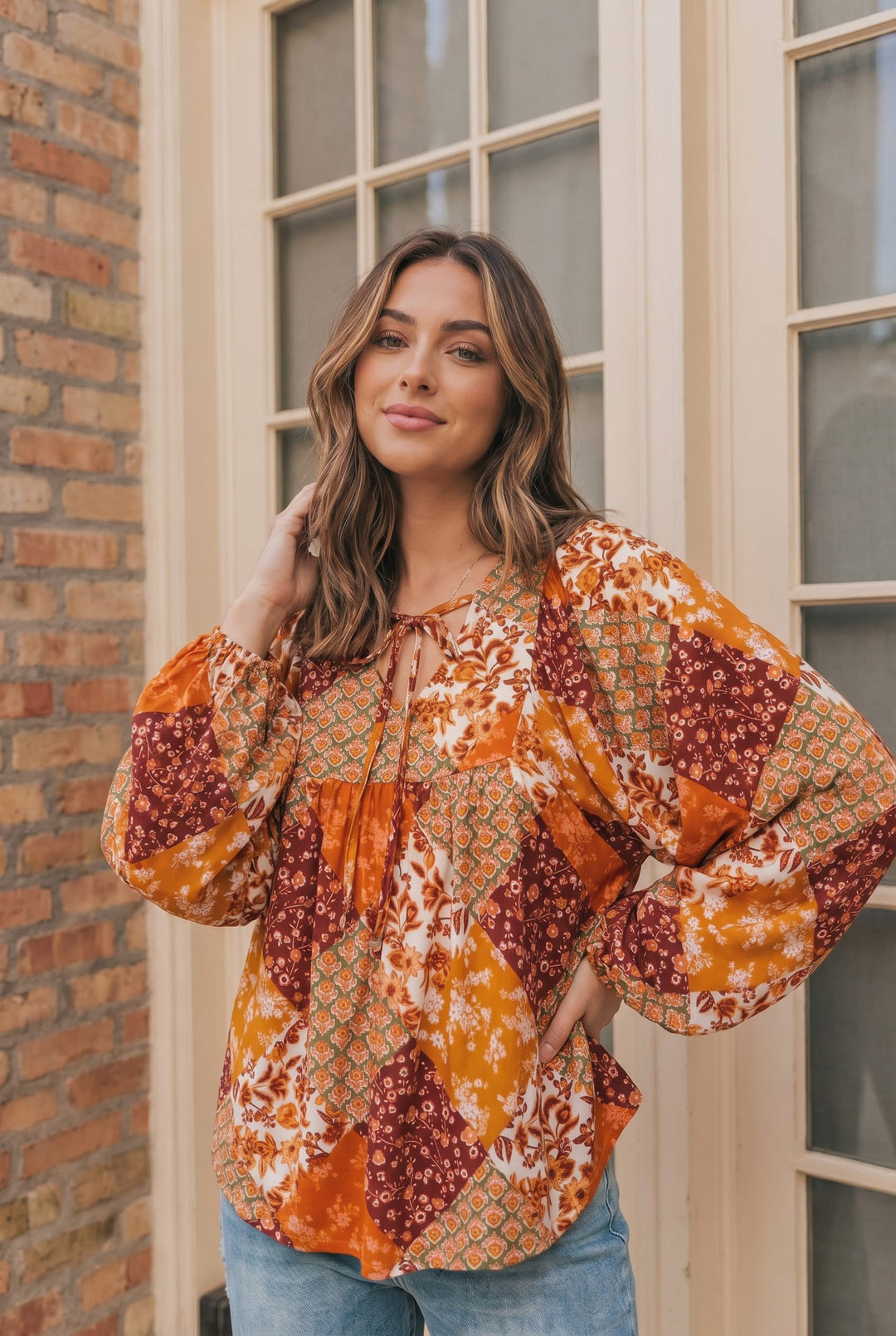 Autumn Patchwork Boho Blouse in Rust