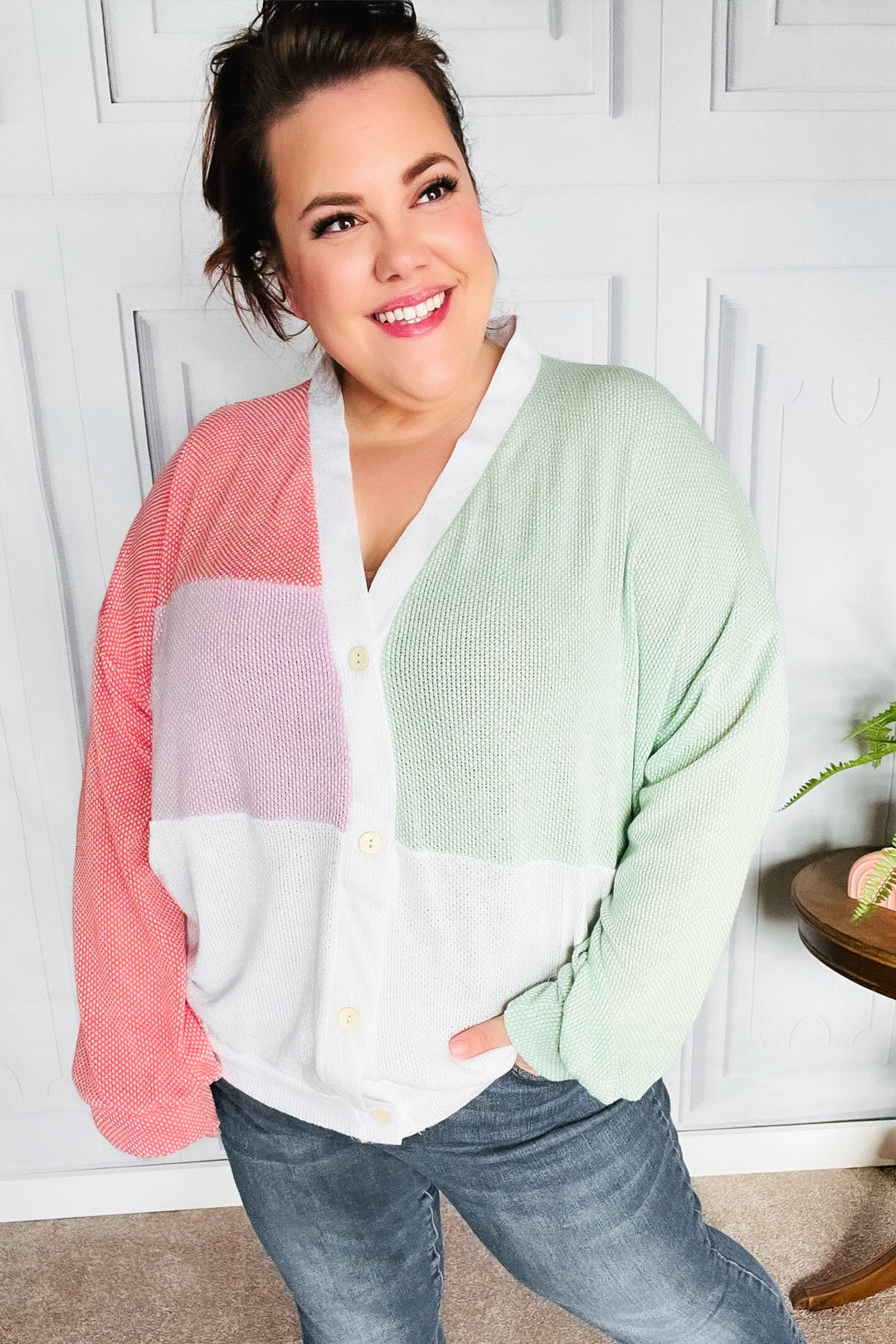 Cozy Up Coral & Sage Two Tone Jacquard Knit Color Block Cardigan