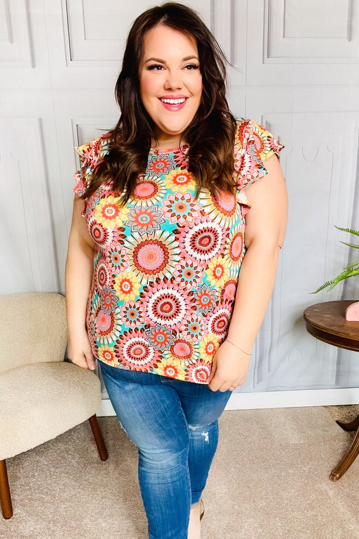 You Got This Mint Medallion Crochet Print Ruffle Sleeve Top