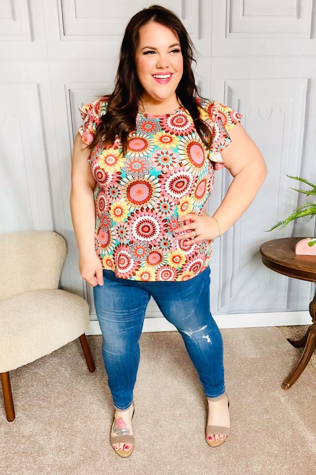 You Got This Mint Medallion Crochet Print Ruffle Sleeve Top