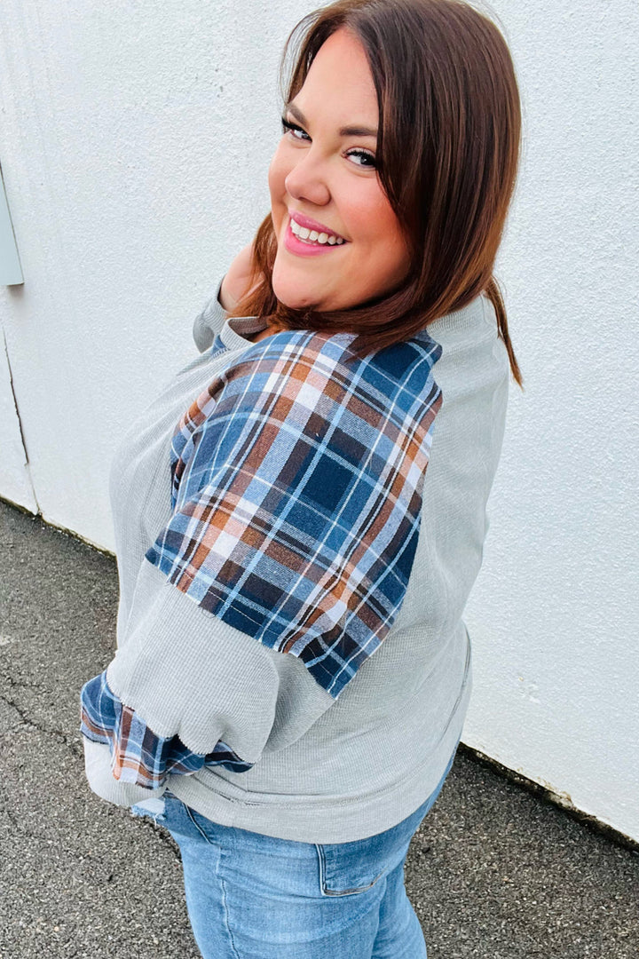 Face The Day Grey/Navy Plaid Thermal Raglan Pullover