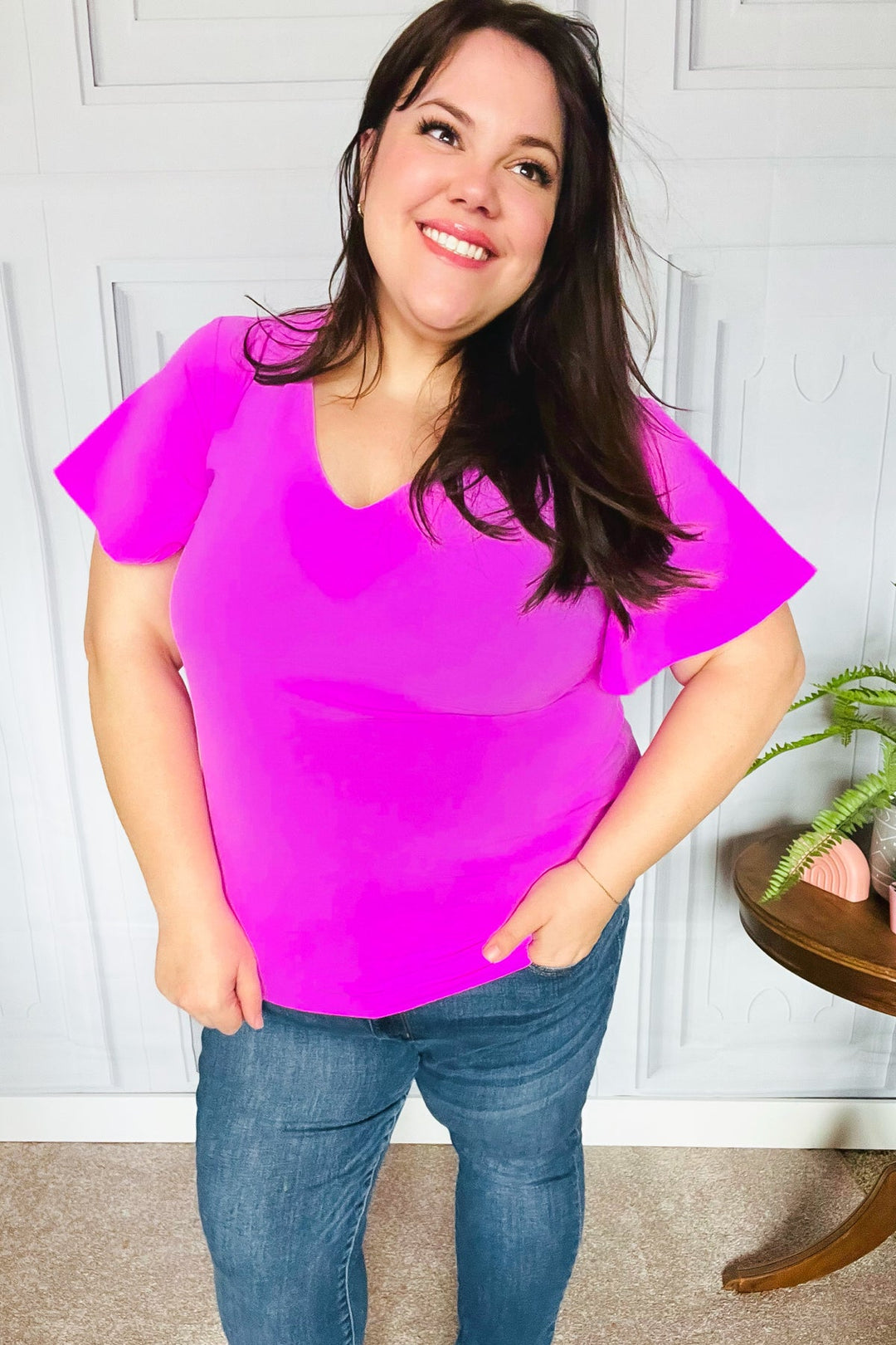 PLUS Keep Your Cool Bright Mauve Flutter Sleeve V Neck Top