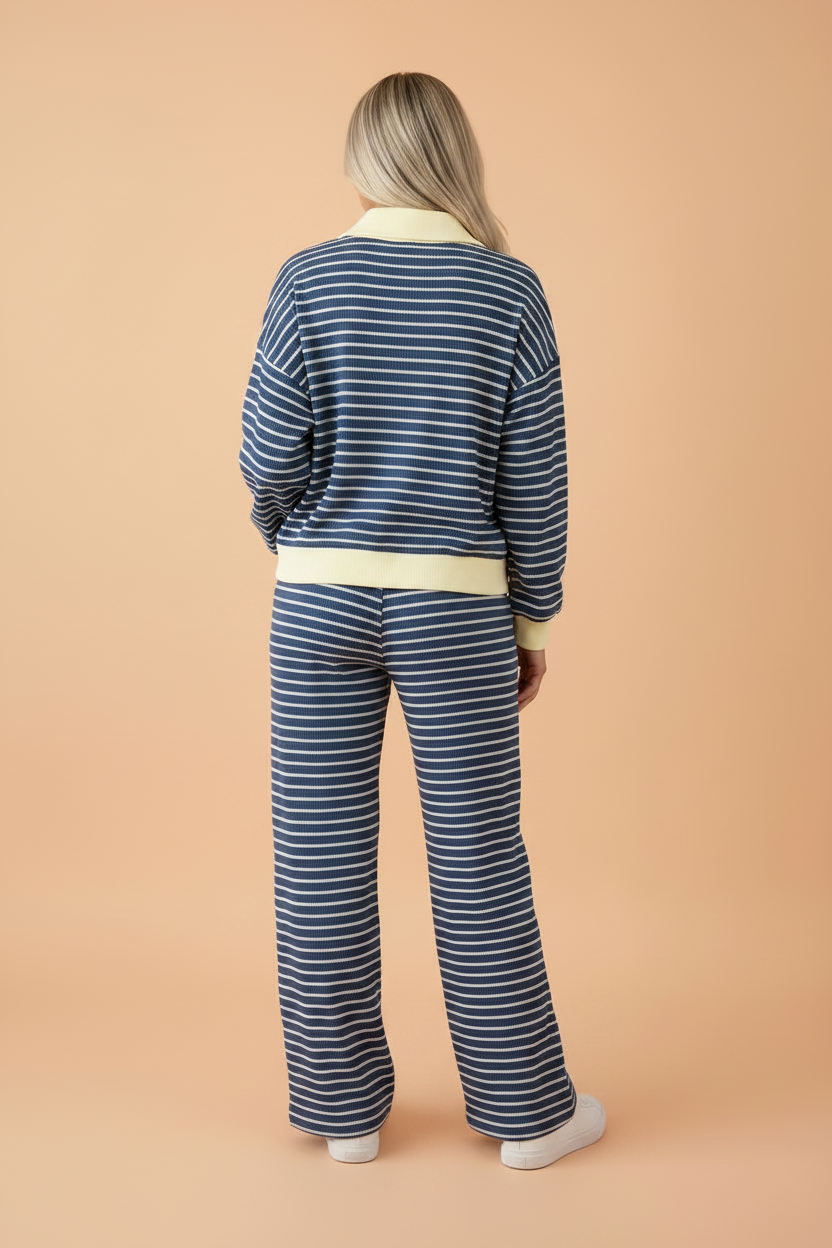 Stripe Colorblock Zip V-Neck Pullover and Pants Set