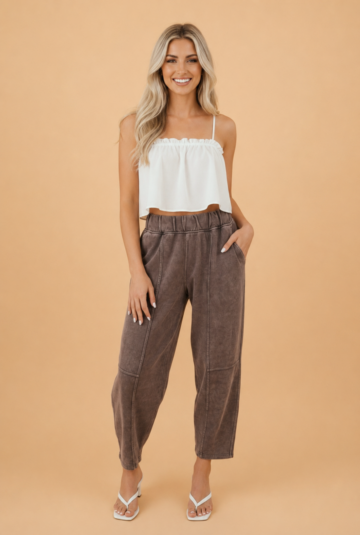 Mineral Wash Elastic Waist Barrel Leg Pants