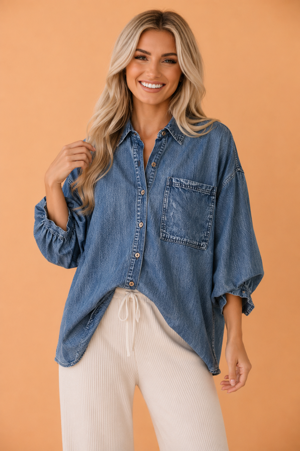 Denim Chest Pocket 3/4 Sleeve Loose Buttoned Shirt