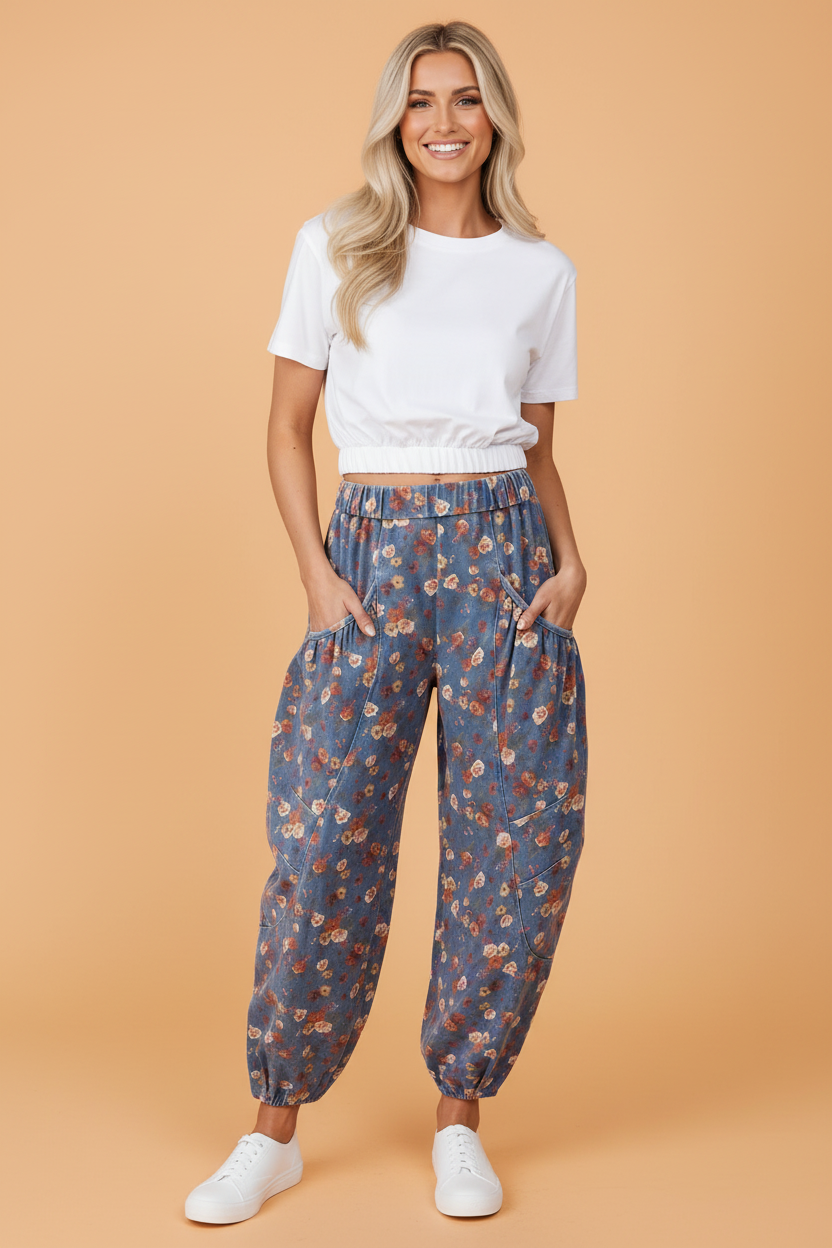 Floral Denim Elastic Waist Pocketed Barrel Jeans