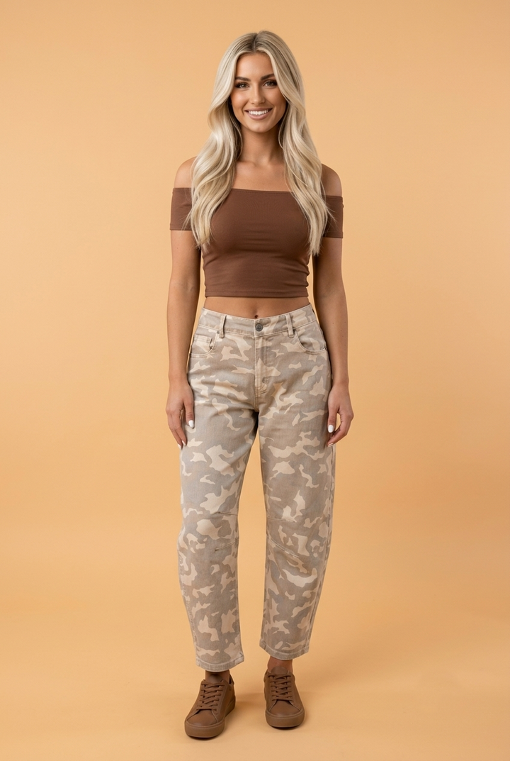 Camouflage Denim Rivet Pocket Barrel Jeans