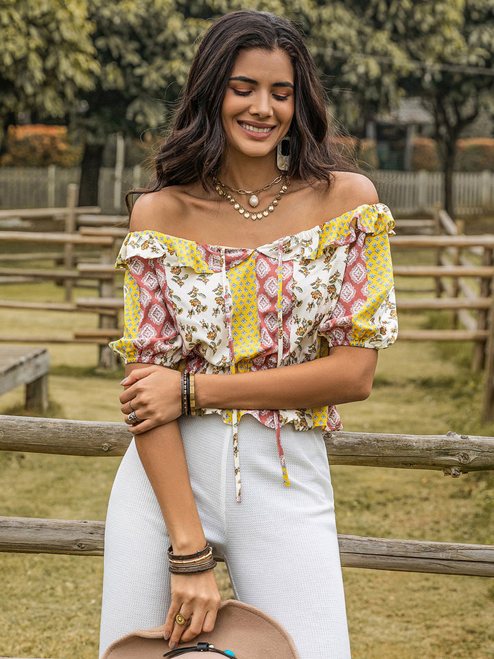 Ruffled Printed Off-Shoulder Short Sleeve Blouse