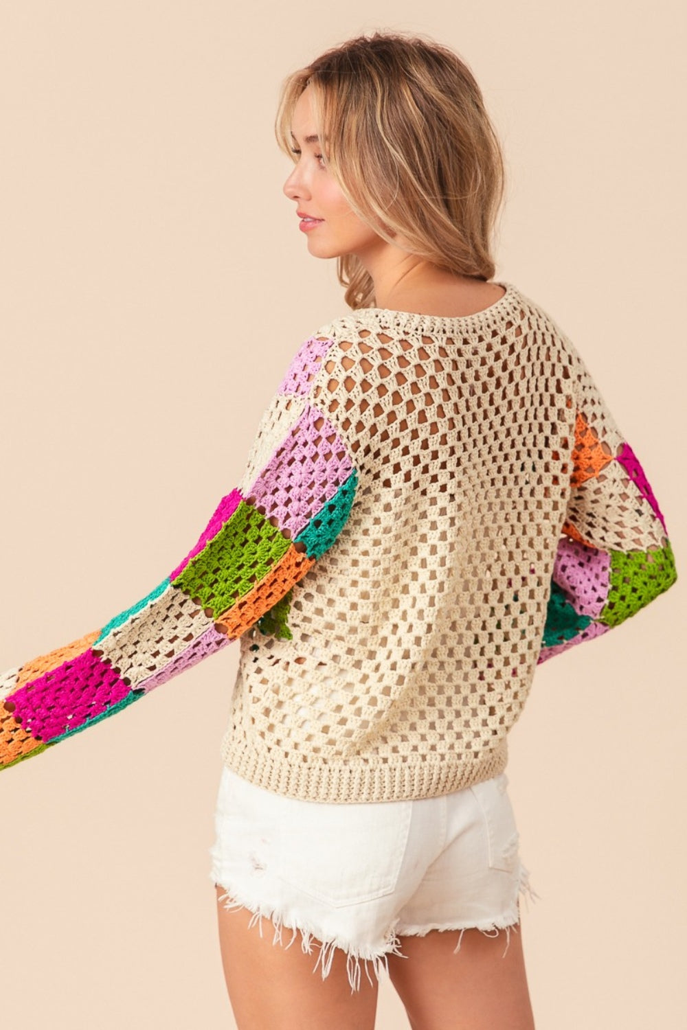 BiBi Multi Color Checkered Long Sleeve Knit Top