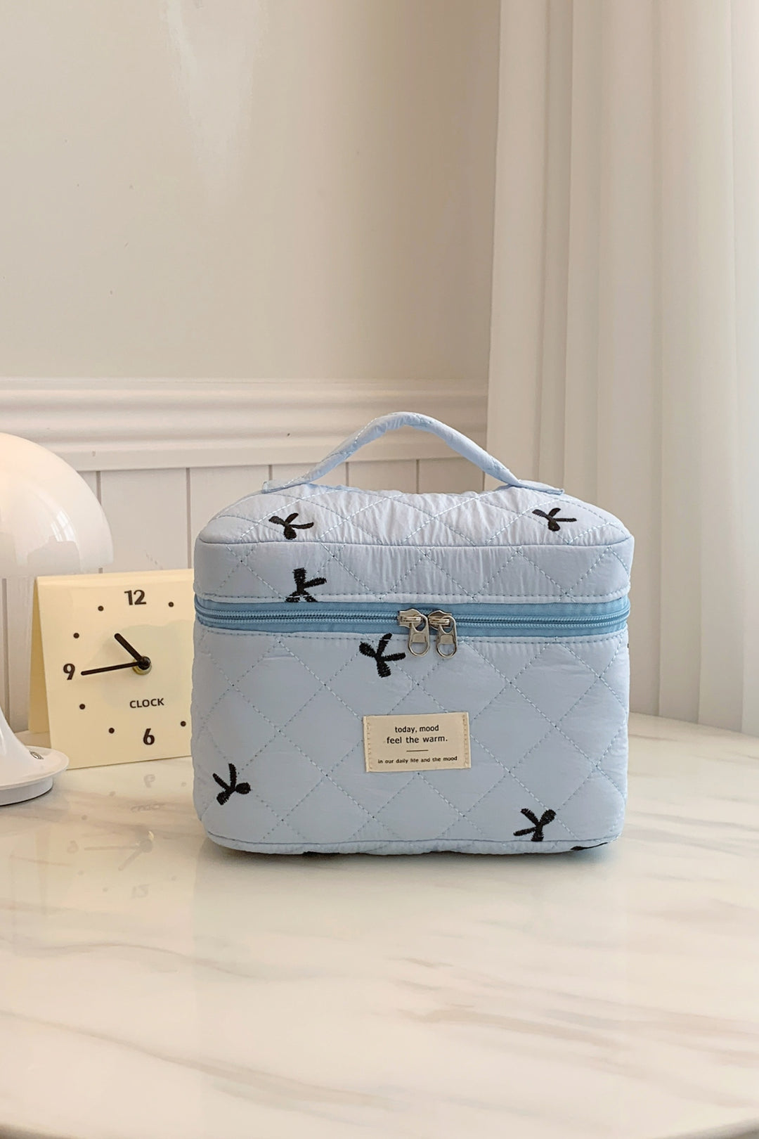 Bow Embroidered Quilted Storage Bag with Zip