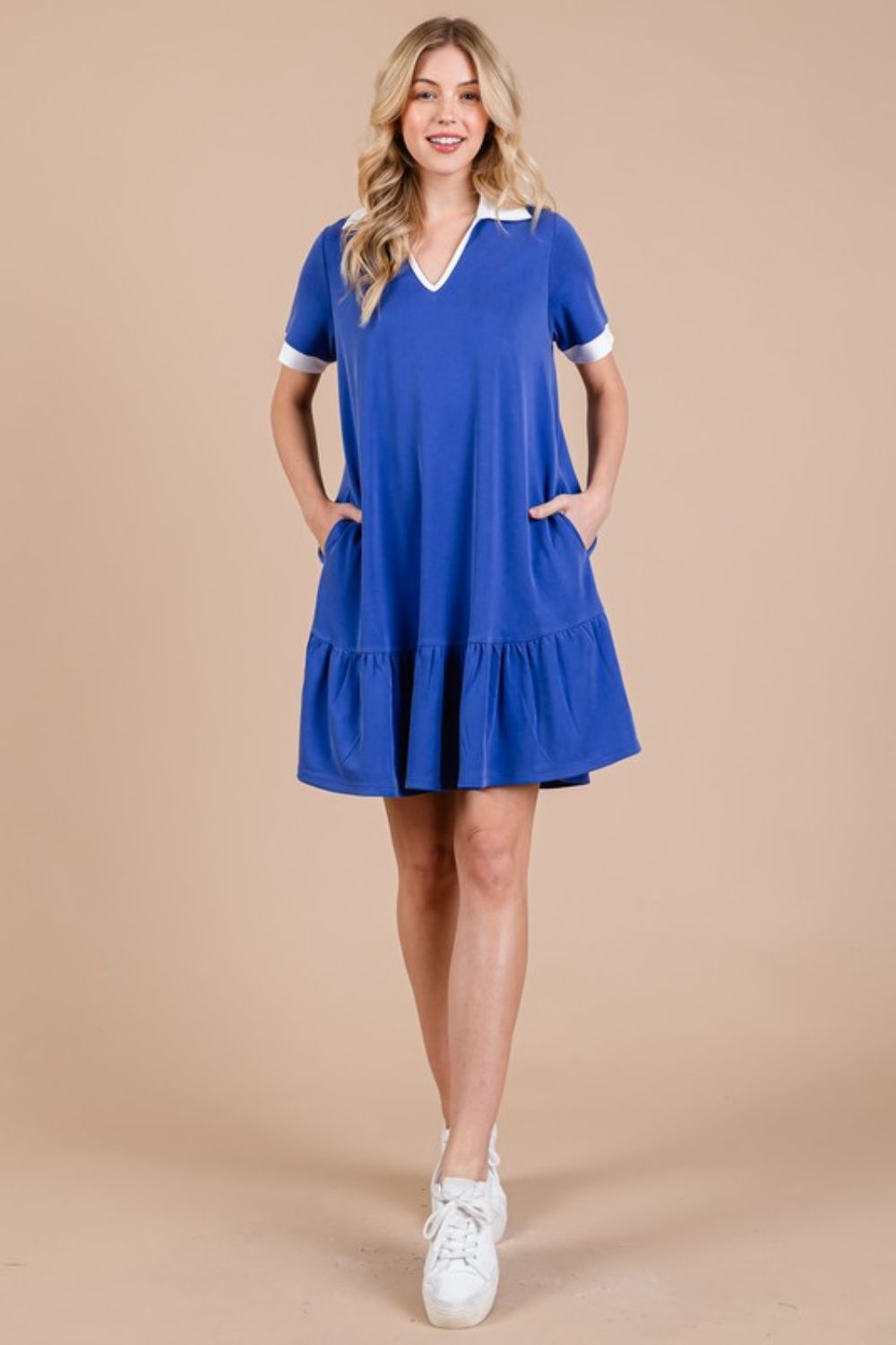 Ces Femme Ruffled Hem Johnny Collar Short Sleeve Dress