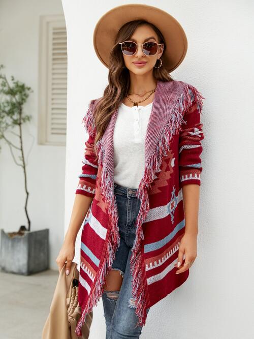 Fringe Geometric Hooded Long Sleeve Cardigan