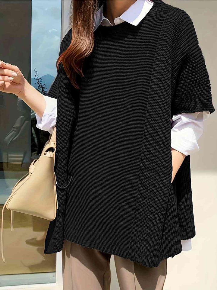 Plus Size Round Neck Slit Short Sleeve Sweater